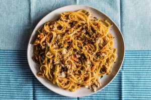 Top view of a plate of Linguine al Tonno