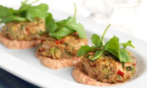 3 Crab Cakes with Roasted Pepper Aioli lined up