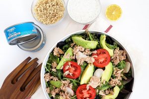 a full bowl of Zesty Tuna Quinoa Salad