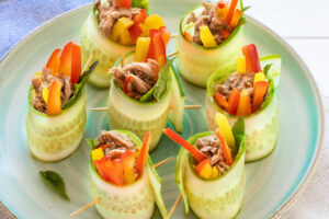A plate of Tuna Cucumber Roll Ups