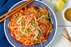 A full plate of tuna pad thai with veggie noodles