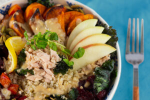 Harvest Tuna Bowl with roasted veggies and freshly cut apples