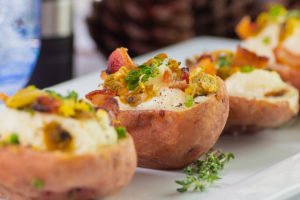 Plate with Clam Chowder Potato Skins lined up